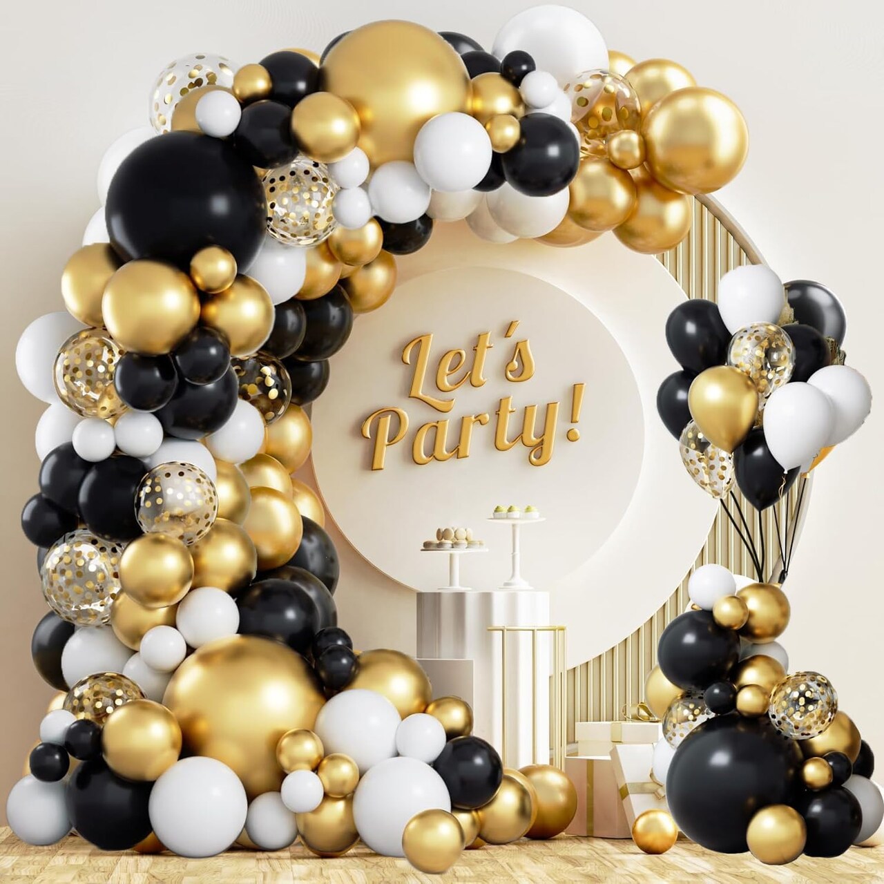 137PCS Black, Gold & White Balloon Arch Kit – Garland with Confetti & Tape for Parties